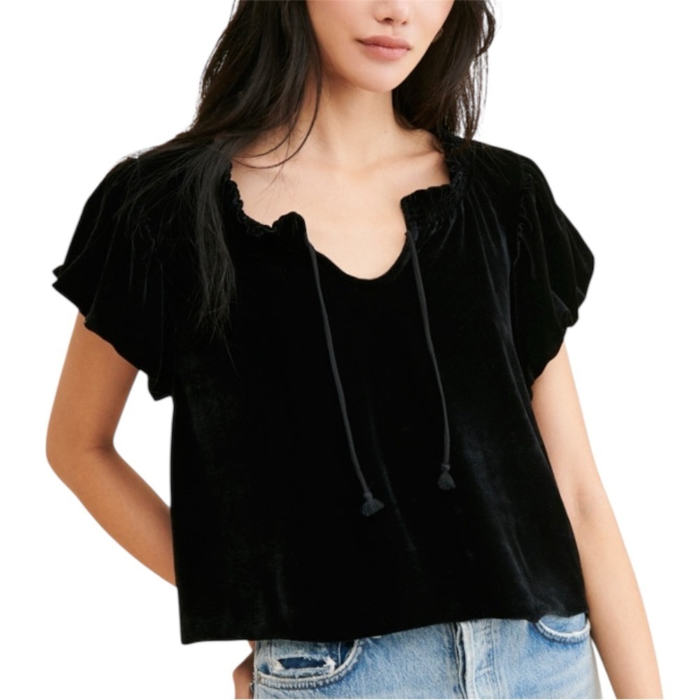 Free People Velvet Puff Sleeve Top Black Smocked V Neck Boho Chic Romantic XS